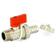 Кран Uni-Fitt шаровой НН 1/2quot;x3/4quot; сливной со штуцером, заглушка, флажок красный металл, никель